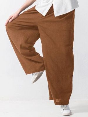 Mens Baggy Style Cotton Solid Color Elastic Waist Casual Loose Wide Leg Pants