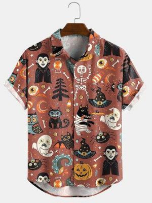 Halloween Cartoon Funny Print Turn Down Collar Short Sleeve Shirts