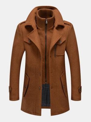 Mens Woolen Double Collar Thick Single-Breasted Casual Warm Overcoat