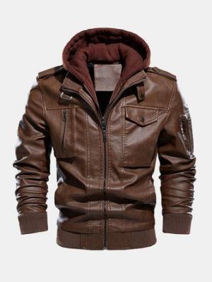 Mens Hooded Zipper Pocket Washing PU Leather Jackets