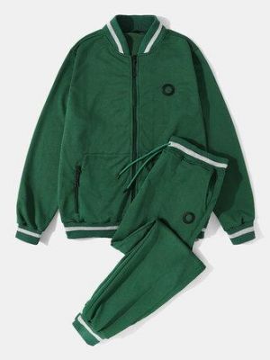 Men Solid Color Zip Baseball Jacket Sports Activewear Sets With Joggers Suits