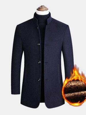 Mens Single-Breasted Woolen Thick Warm Pocket Long Sleeve Business Trench Coats