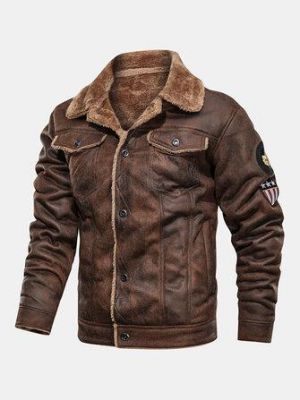 Mens Faux Fur Leather Suedes Warm Fleece Lined Thickened Logo Jackets With Flap Pockets