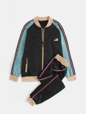 Mens Vintage Contrast Color Zipper Jacket Jogging Pants Two-Piece Sports Sets