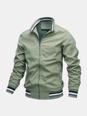 Mens Solid Color Pocket Zipper Stand Collar Sports Casual Long Sleeve Jackets