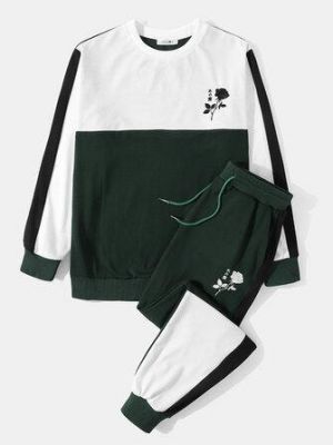 Mens Patchwork Letter Flower Embroidery Preppy Pullover Sweatshirt Suits