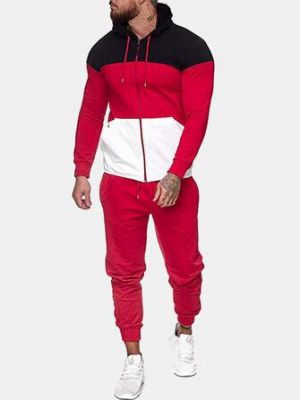 Mens Tricolor Patchwork Hoodie Jacket Drawstring Jogger Pants Sport Two Piece Set