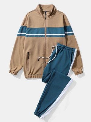 Men Patchwork Zip Jackets Sports Activewear Sets With Side Stripe Joggers Two Pieces Suits