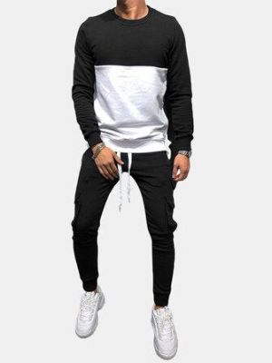Mens Patchwork Long Sleeve Sweatshirts Drawstring Multi Pocket Jogger Pants Sport Suits