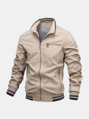Mens Cotton Stand Collar Multi Pocket Zipper Long Sleeve Simple Jacket