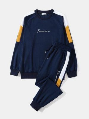 Mens Preppy Sports Splicing Letter EmBroidery Navy Suits