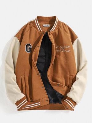 Mens Letter Graphics Drop Shoulder Patchwork Baseball Collar Jacket