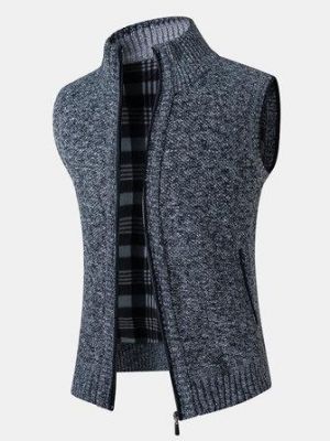 Mens Knitting Solid Color Warm Lined Zipper Side Pocket Sleeveless Vests