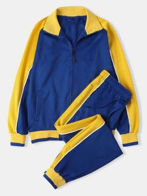 Mens Patchwork Zip-Up Long Raglan Sleeve Tops Drawstring PantsTwo Piece Sport Suits With Pocket