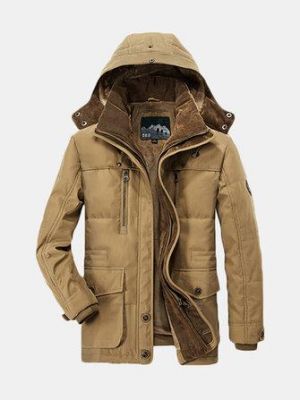Mens Thick Fleece Winter Coat Hooded Outdoor Solid Color Jacket