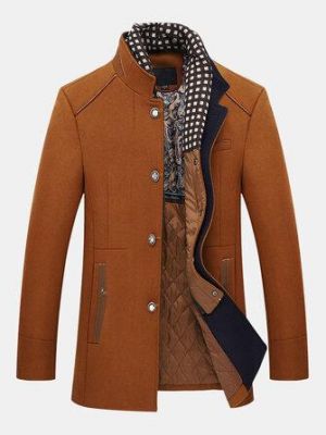 Mens Autumn Winter Casual Slim Fit Stand Collar Scarf Detachable Stylish Woolen Overcoat Jacket