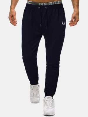 Cotton Mens Solid Color Print Pocket Drawstring Sport Jogger Pants