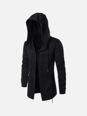 Mens Black Fashion Casual Mid Long Cloakman Cloak Hooded Jacket