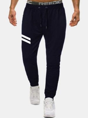 Mens Cotton Sports Striped Drawstring Waist Regular Fit Jogger Pants