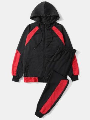 Men Contrast Patchwork Zip Hooded Jackets Sports Activewear Sets With Pocket Suits