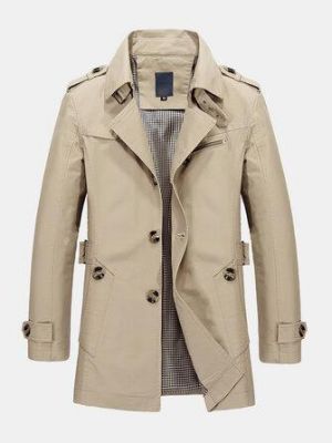 Cotton Mens Solid Color Mid-Length Sashes Single Breasted Lapel Long Sleeve Trench Coats