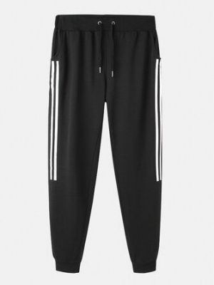 Mens Cotton Side Stripe Print Drawstring Sport Black Jogger Pants With Pocket
