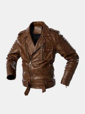 Mens Pocket Lapel Zip-Up Sashes PU Leather Jackets