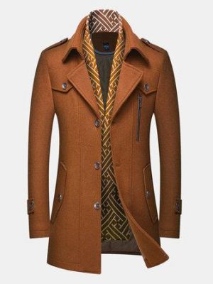 Mens British Style Woolen Scarf Collar Mid-Length Thicken Warm Overcoat