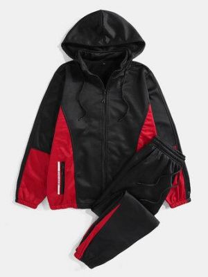 all in one place בגדי גברים Mens Patchwork Zipper Sports Two-Piece Outfits With Removable Hood