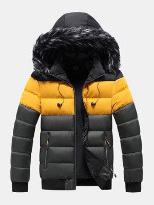 Mens Color Block Patchwork Thick Faux Fur Hooded Puffer Jacket With Pocket