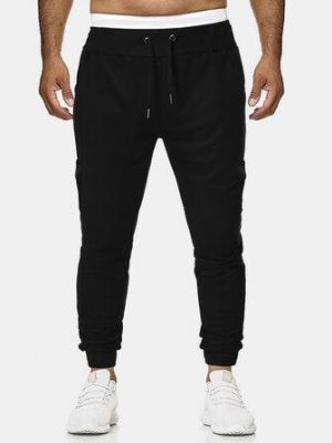 Mens Cotton Solid Color Multi Pocket Drawstring Jogger Pants