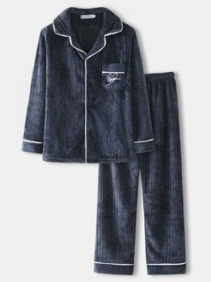 Mens Winter Thick Flannel Lapel Long Sleeve Homewear Warm Pajamas Set