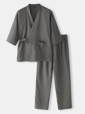 Cotton Mens Solid Color Japanese Style Kimono Bathrobes Home Pajama Set