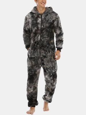 Mens Tie Dye Warm Fleece Plush Hooded Jumpsuit One Piece Home Sleepwear