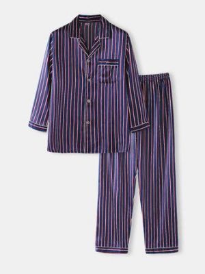 Mens Basic Striped Silk Thin Long Sleeve Home Casual Pajama Set