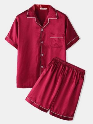 Men Two Piece Faux Silk Pajamas Set Plain Home Lapel Collar Satin Sleepwear Tops