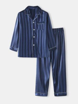 Mens Striped Jacquard Faux Silk Home Revere Collar Loose Lounge Pajama Set