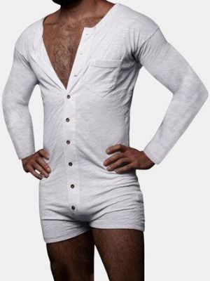 Mens Solid Color Button Front Long Sleeve Jumpsuits One Piece Home Sleepwear