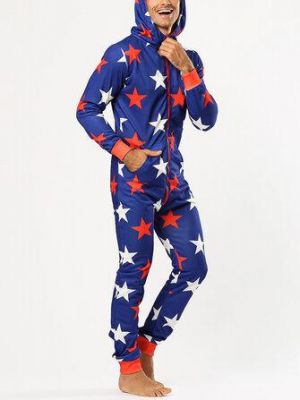 Men Funny Stars Printing Onesies Hooded Jumpsuit Loungewear Home Zip Down Long Sleeve Pajamas