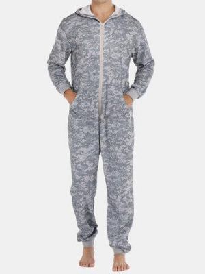 Men Gray Camo Loungewear Jumpsuit Thicken Thermal Loose Zip Down Hooded Home Pajamas With Pockets