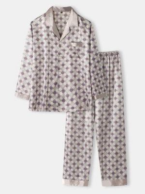 Mens Allover Printing Ice Silk Casual Loose Long Sleeve Comfy Home Lounge Pajamas Set With Pocket