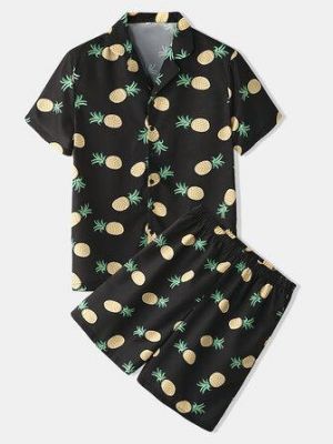 Men Funny Cartoon Pineapple Print Black Pajama Set Summer Home Sleepwear