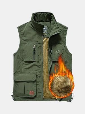 Mens Fleece Lining Thickened Warm Multi Pockets Outdoor Vest