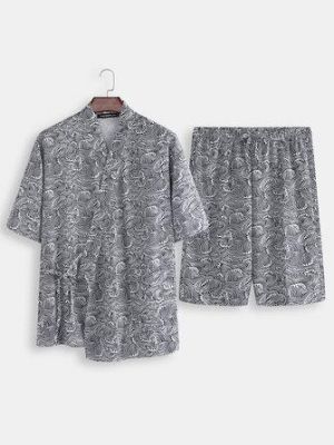 2PCS Men's Kimono Yukata Pyjamas Japanese Style Bathrobe Floral Print Sleepwear