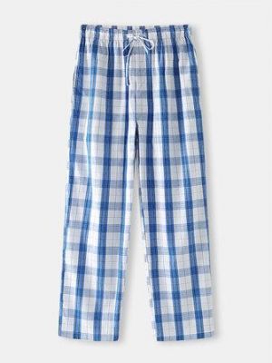 Men Classic Plaid Print Drawstring Cotton Home Pajama Pants With Pocket