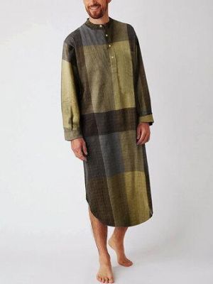 Mens Cotton Plaid Print Henley Shirts Home Sleepwear Long Sleeve Robes With Pocket