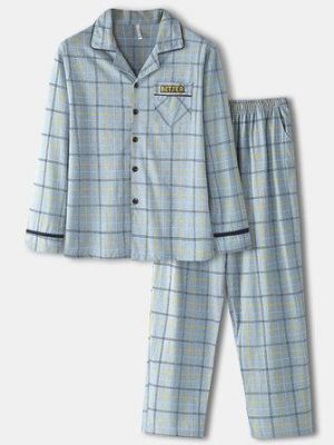 Mens Grid Letter Print Revere Collar Cotton Comfy Pajamas Sets With Pocket