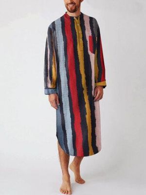 Mens Cotton Classic Striped Print Henley Collar Long Sleeve Pajama Robes