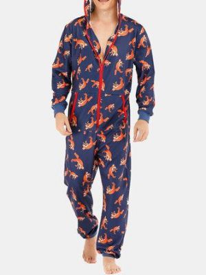 Men Funny Wolf Print Jumpsuit Loungewear Royal Blue Hooded Onesies With Pockets