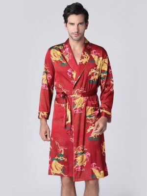 Mens Long Sleeve Silk Bathrobe Nightdress Sleepwear
